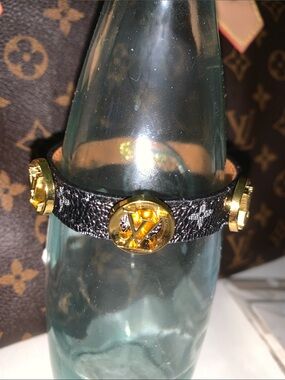 Monogram fashion Leather Bracelet with Gold Logo Accents